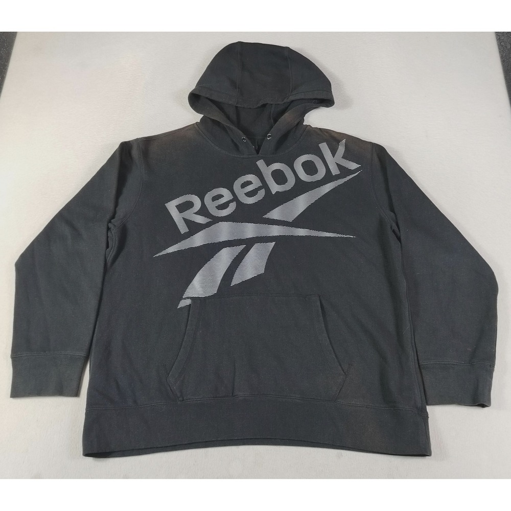 Reebok Hoodie Sweatshirt Mens Large Black Big Logo Fleece Pullover Athletic